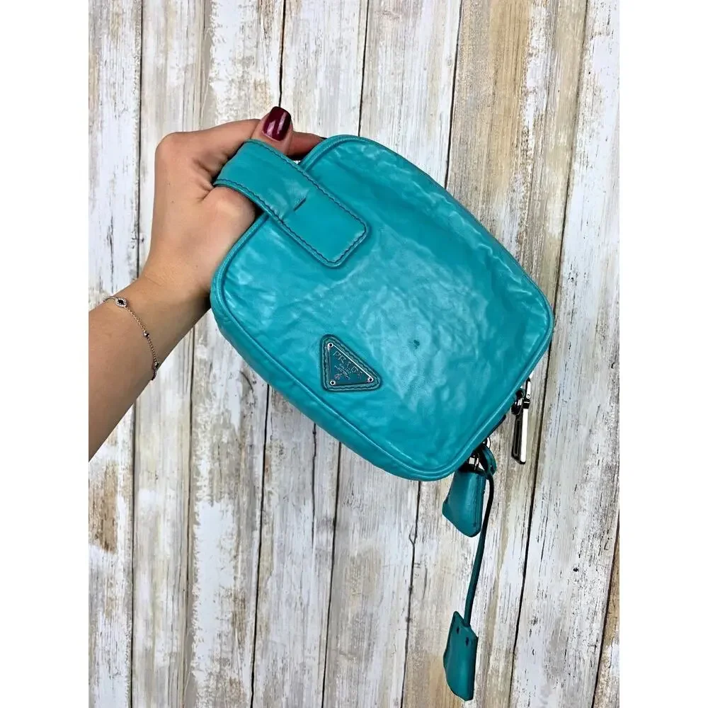 PRADA Pavone Blue Nappa Antique Leather Crossbody Camera Bag Zip Handheld RARE - Picture 12 of 12